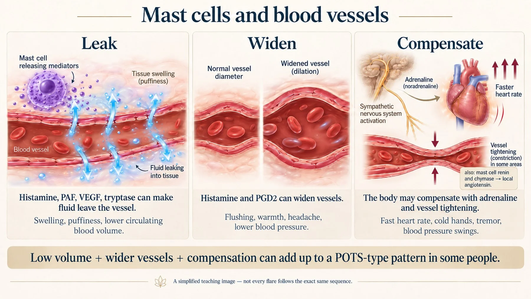 Leak, widen, compensate: three vascular effects of mast cell mediators